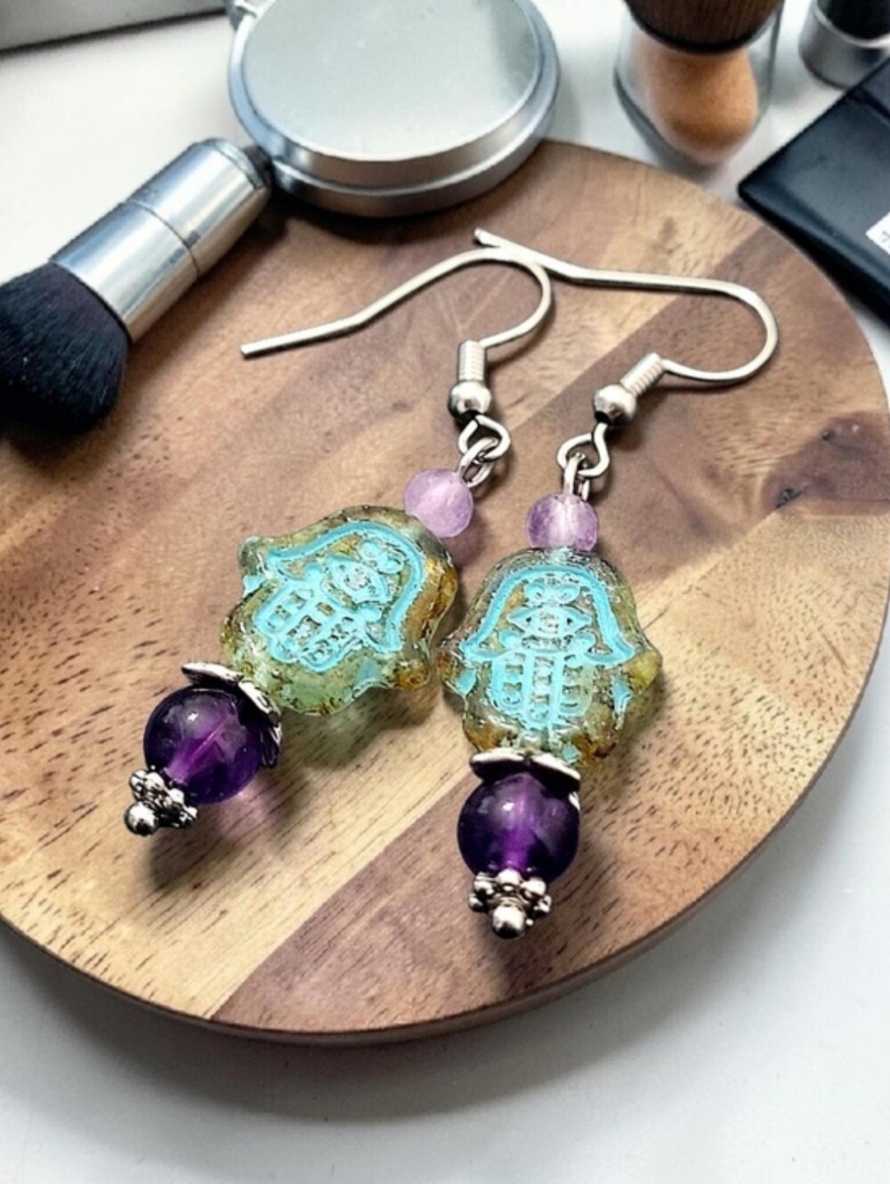 Hand Crafted Turquoise and Purple Czech Glass Hamsa Dangle Amethyst Earrings